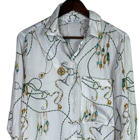 ZARA 90s Vintage Style Nautical Chain Print Silk Feel Blouse Button Up M White - Picture 2 of 14